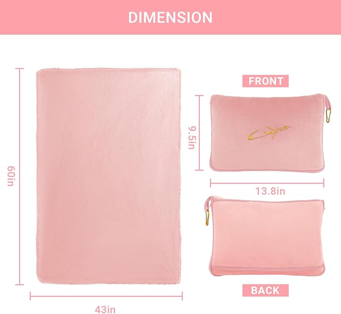 Travel Blanket and Pillow Set, 300 GSM Soft Fleece, 60x43 Inches, 3-in-1 Compact with Bag, Pink - Image 4
