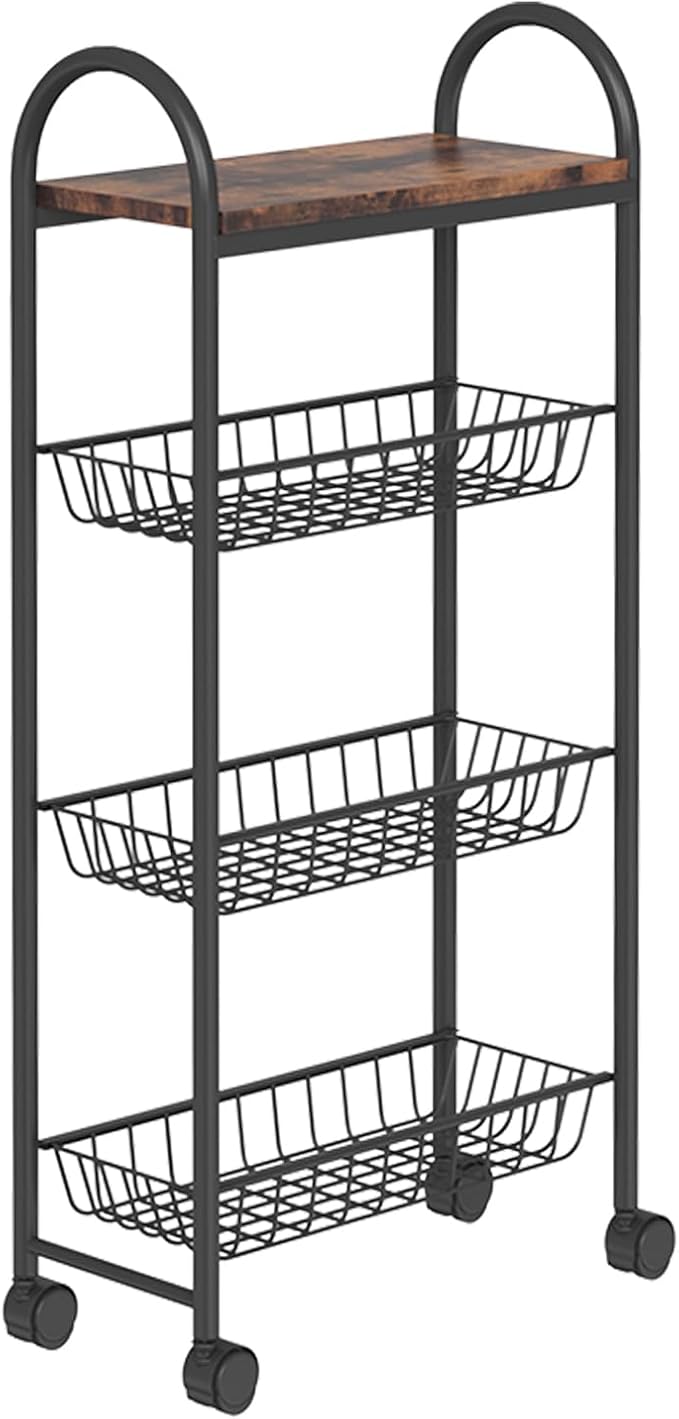 Slim Storage Cart, Storage Shelf on Wheels, Storage Rack with Pull-Out Baskets, Movable Cart with Handles, for Kitchen, Laundry Room, Living Room, Black and Rustic Brown TTC05BF - Image 8