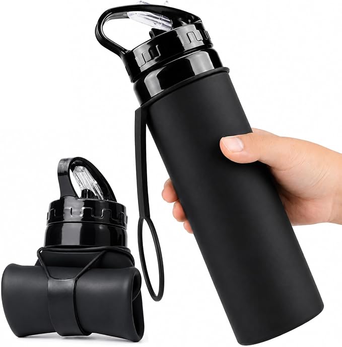 Collapsible Water Bottles 20oz, Foldable Travel Bottle, Leak Proof Lid Running water bottle Reusable BPA Free Silicone for Hiking, Camping, Sports & Outdoors Black by Unknown