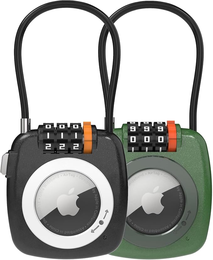 Compatible with Apple AirTag Secure Lock with Wire Cable, 3-Digit Combination Luggage Locks, Alloy Body Ultra Durable Anti-Lost Protective Case for Luggage, Suitcase (Black/Green) by TUXON