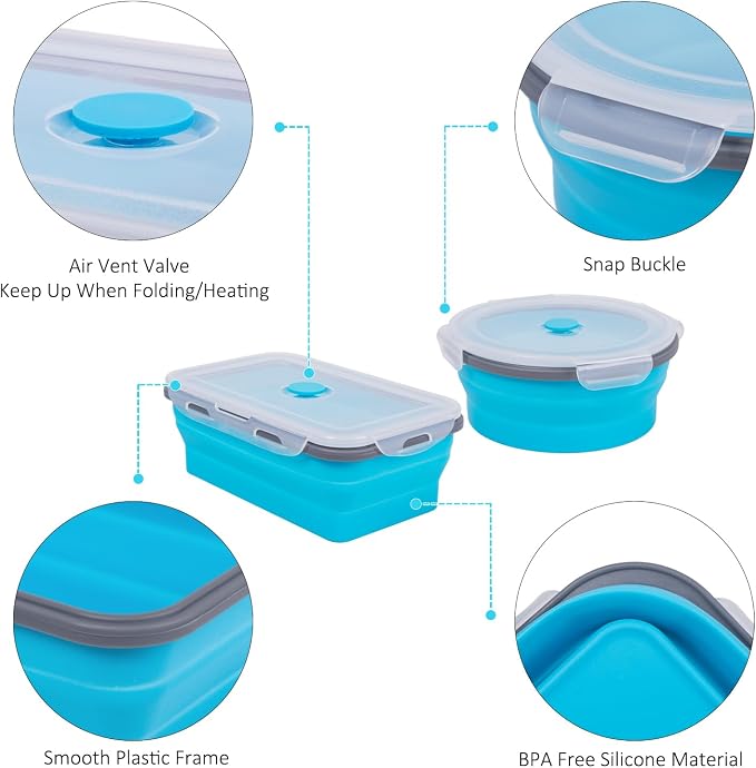 Collapsible Food Storage Containers with Lids 10 Pack(81oz/58oz Extra Large Included), 6 Rectangular+4 Round, Annaklin Silicone Collapsible Food Containers Sets Microwave Freezer Dishwasher Safe, Blue - Image 7