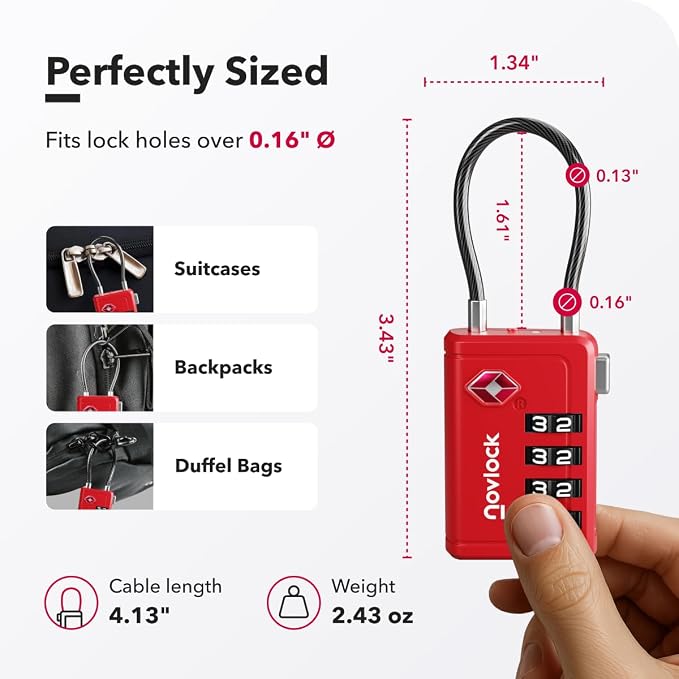 TSA Approved Luggage Locks, Travel Locks with Inspection Indicator | TSA008, Easy to Read Dials, 4 Digit Combination, Flexible Steel Cable, for Suitcases, Backpacks, Bags, 2-Pack, Red - Image 2