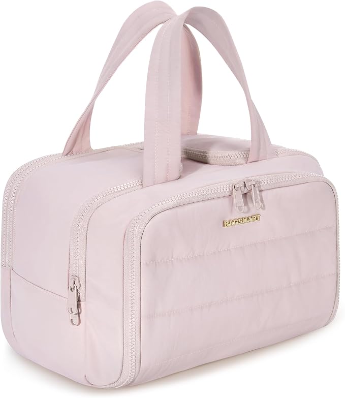 BAGSMART Travel Toiletry Bag, Crush Toiletry Bag for Women, Wide-open Puffy Toiletry Bags for Traveling, Large Travel Cosmetic Makeup Bag Organizer for Accessories,Toiletrie, Pink by BAGSMART