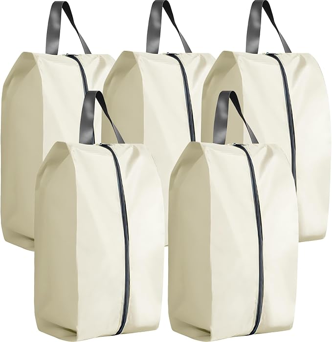 5Pcs XL Travel Shoe Bags Portable Travel Gifts Shoe Organizer with Zipper Closure, Waterproof Nylon Shoe Storage Organizer with Handle Travel Bags For Men and Women, Beige by ASANMEYO