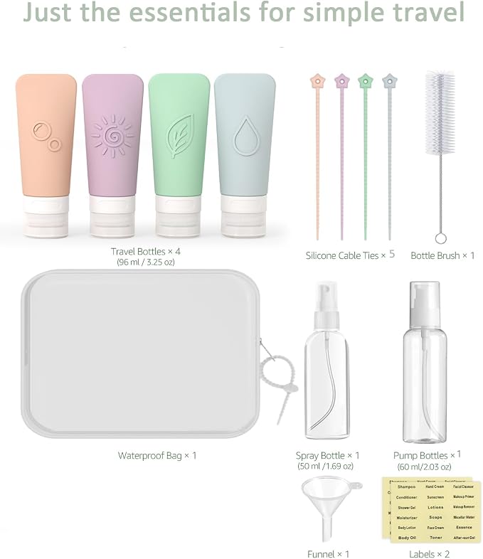 16-Piece Silicone Travel Bottles Set – TSA Approved Leakproof Toiletry Kit with Flat Easy-Squeeze Bottles, Pump & Spray, Waterproof Bag | 16-Piece Silicone Bottles Set,TSA Approved Leakproof,Easy-Squeeze Bottles,Come with Pump,Spray bottles and Waterpr... - Image 2