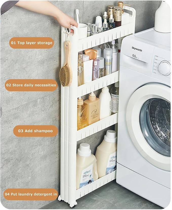 3.54 Slim Storage Cart Durable Bathroom Organizer Slide Out Storage Cart Rolling Utility Cart Slide Out Organizer Narrow Shelf Rack for Kitchen Bathroom Study Office - Image 5