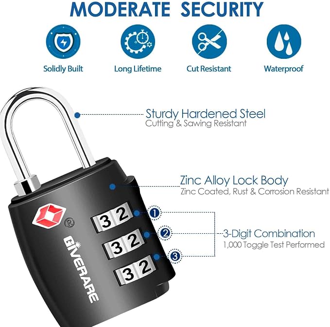 2 Pack TSA Approved Travel Luggage Locks, Combination Lock Alloy Body, Metal Keyless 3-Digit Padlocks, TSA Accepted Compatible Padlock for Gym Locker, Golf Bag Case, Backpack, Black-by GIVERARE - Image 3