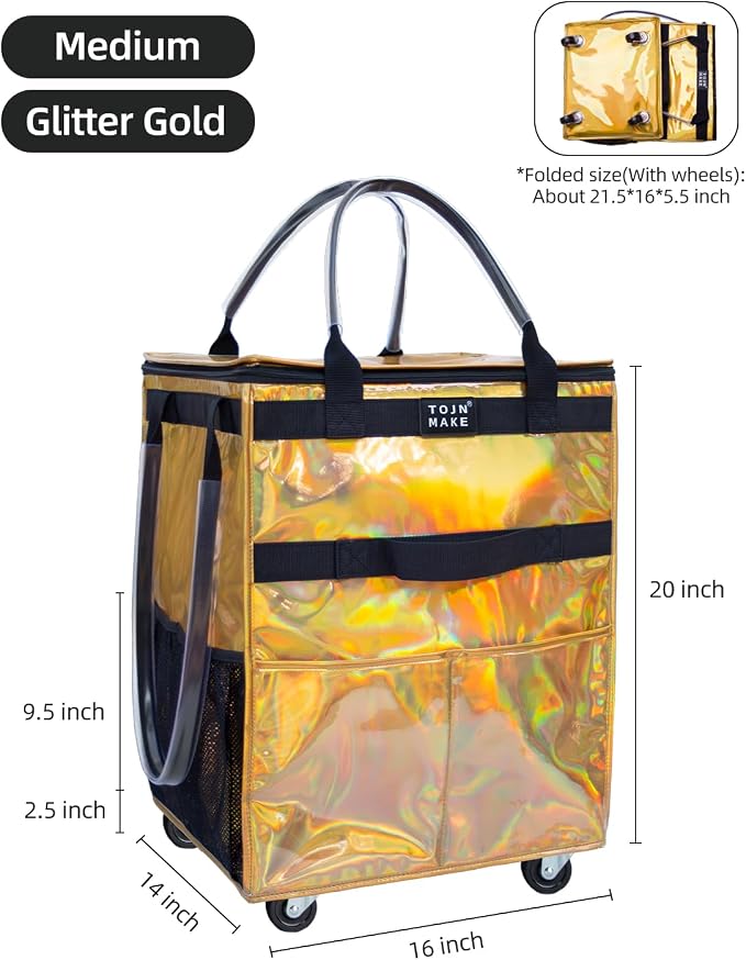 Reusable Grocery Bag with Wheels, Medium Glitter Gold Rolling Tote | 8 Pockets, Zipper Cover, Foldable for Women, Kitchen, Travel, Carries Up to 66LBS - Image 3