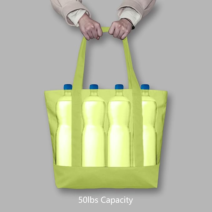 TOPDesign 1-Pack Canvas Tote Bag with an External Pocket, Reusable Grocery Shopping Bag, Top Zipper Closure, Daily Essentials (Light Green) - Image 6
