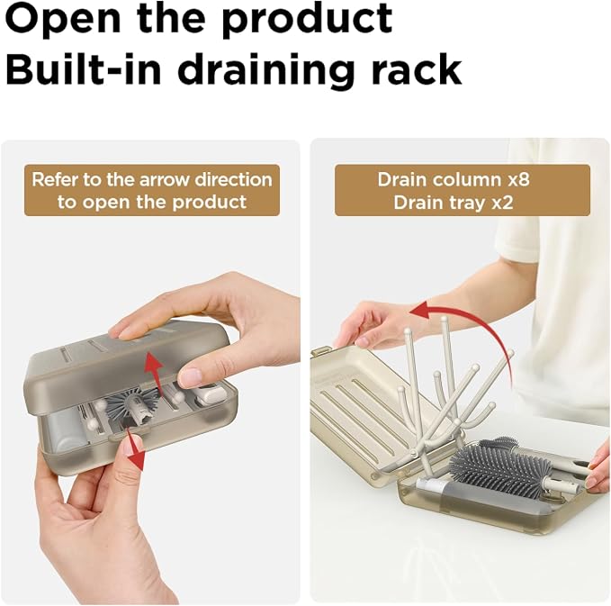 Travel Bottle Brush Set, Foldable Drying Rack, Dispenser | For On-The-Go Parents, 3 Silicone Brushes, Foldable Rack, Dispenser. Drying Slots, BPA-Free. - Image 2