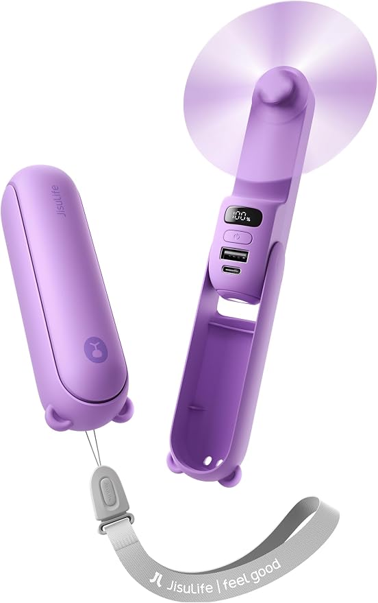 JISULIFE Portable Handheld Fan, 3 In 1-Fan, Power Bank, Flashlight, Purple | Mini Cooling Essential for Outdoor, Small, On-the-Go Pocket Hand Design, 24 Hours, Auto Shut-Off Safety Soft Blade by LivechillStaycool