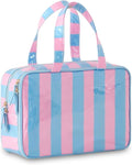 Toiletry Bag for Women, Pink and Blue Stripe | Clear Coated,Waterproof,Multiple Compartment,Open Flat,Handle,Travel Organizer for Shampoo,Conditioner,Cosmetic Accessories by THOVSMOON