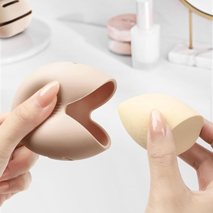2-in-1 Silicone Makeup Brush Holder Travel Case, Khaki | Beauty Blender Pouch, Nylon Strap Closure, Odorless Waterproof, Fits 12 Full-Size Brushes - Image 2