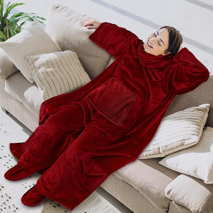 PAVILIA Fleece Blanket with Sleeves, Foot Pockets for Women Men Adults, Plush Wearable Blanket Throw Wrap, Warm Snuggle Blanket Robe, Cozy Gift Ideas Wife Mom, Burgundy Red - Image 3