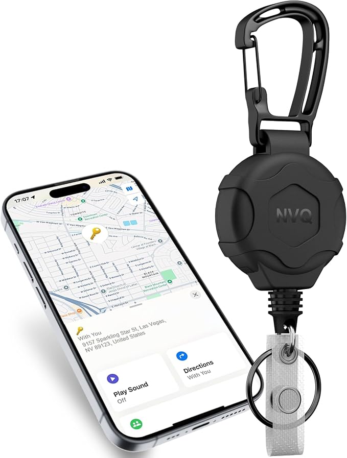 Retractable Key Finder & Badge Reel, Bluetooth Tracker Works with Apple Find My – Anti-Lost Locator for Keys, Handbag, Work ID, Never Lose Your Essentials, 400ft Range, Loud Alert, Black 1Pack by NVQKeyFinder