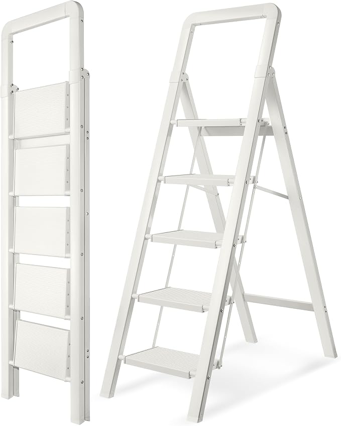 Step Ladder 5-Step White Finish Aluminum Folding Ladders | Anti-slip Sturdy Foldable Ladder Step Stool for Kitchen Home Office Libaray by BIBKOKE