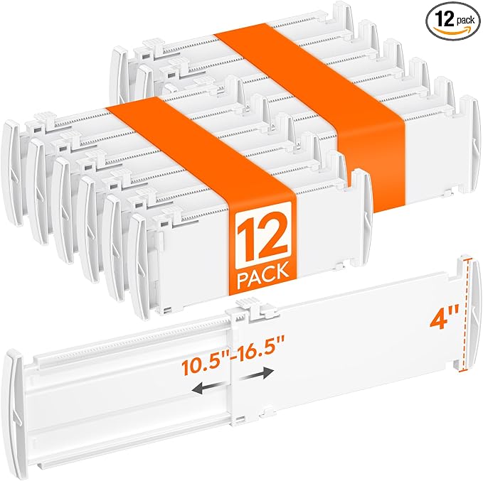Lifewit 12 Pack 4" High Drawer Dividers, Adjustable Drawer Organizer Clothes | 10.5"-16.5" Expandable White Plastic Separators for Dresser, Kitchen, Cabinet, Nursery, Office, Socks & Underwear Storage by Lifewit
