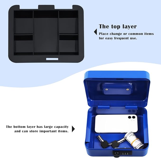 xydled Steel Cash Box Safe with Combination Lock,Money Safe Box with Removable Coin Tray,Medium,7.87"x 6.30"x 3.54",Blue - Image 5