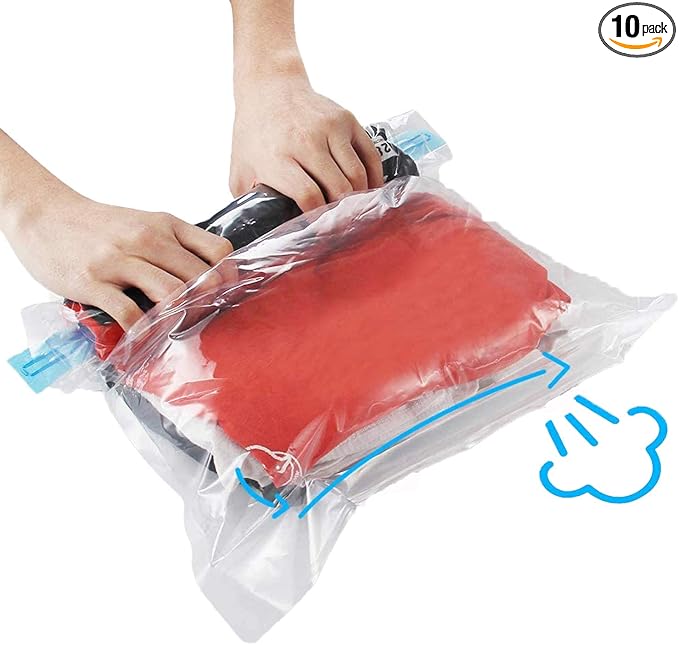 10Pack Travel Space Saver Bags (4 x S, 3 x L, 3 xL), Reusable KFYM Vacuum Travel Storage Bag, Saves 75% of Storage Space, Roll-Up Compression, No Need For Vacuum Machine Or Pump by KFYM