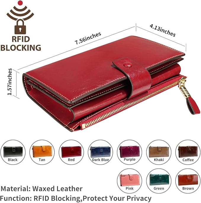 Itslife Womens RFID Blocking Large Capacity Luxury Wax Genuine Leather Wallet Clutch Ladies Card Holder, Red - Image 5