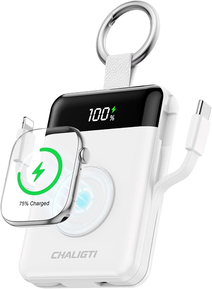 10000mAh Portable Charger,22.5W Power Bank& iWatch Charger,White | LED Display,Built-in Cables,Super Fast Charging,Travel Keychain Battery Pack for iPhone 17/16/15/14/13/12,Apple Watch Series by Unknown