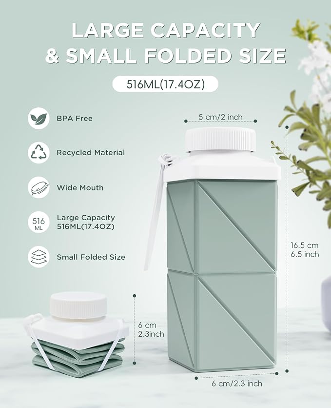 Collapsible Water Bottles 17.4oz(516ML), 2nd Generation Leakproof BPA-Free Travel Water Bottle,Lightweight Reusable Water bottle, Portable for Travel Cycling Gym Camping,Sage Green, 1 Pack - Image 2