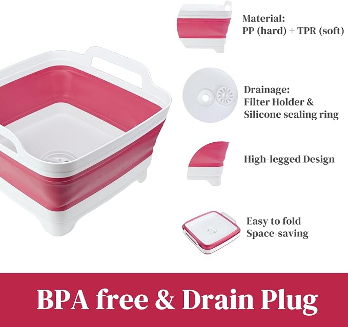 Collapsible Wash Basin for Baby Bottles - 2.4 Gallons Portable Dish Basin for RV Camping Sink, Space-Saving Dish Tub For Bottle Washing (Viva Magenta) - Image 3