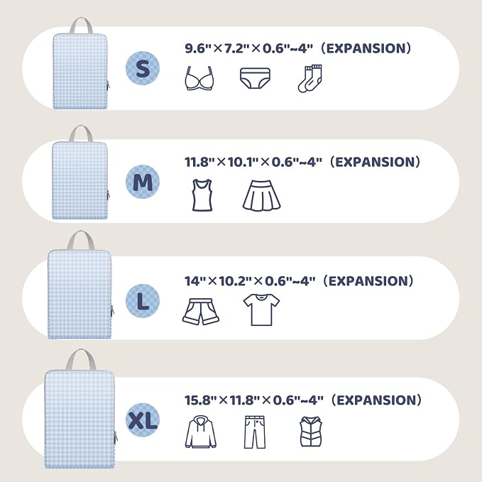 4/8 Set Compression Packing Cubes for Travel Essentials, Compressible Expandable Luggage Organizer Bags for Clothes, Durable Space Saver Storage Bags for Suitcase(4set-Blue Gingham) - Image 3