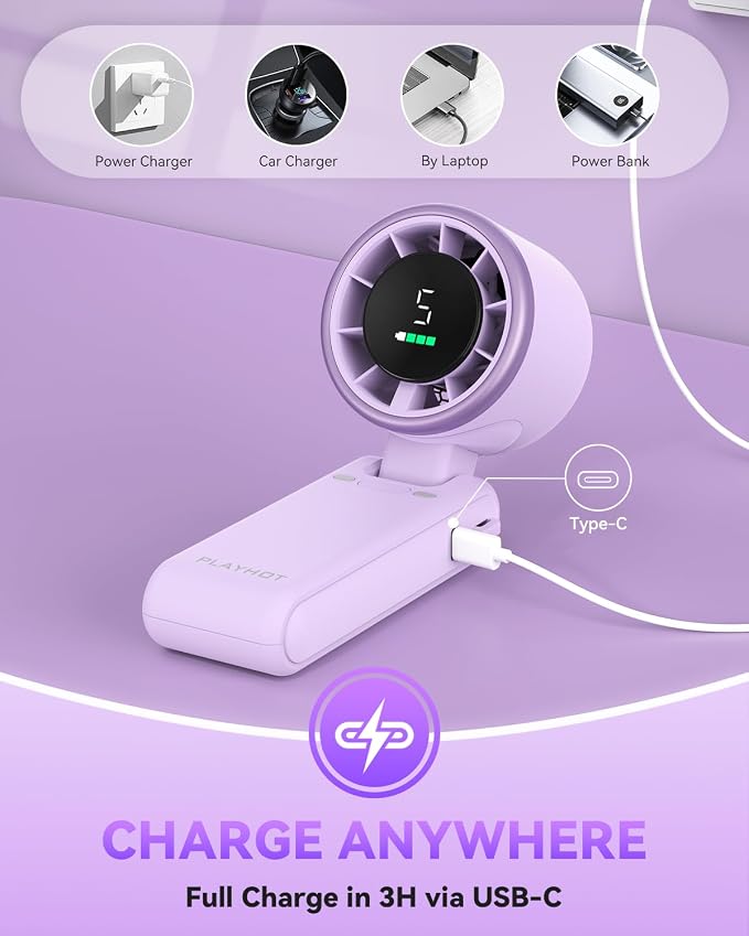 PlayHot Portable Handheld Turbo Fan, Travel Essentials, Gifts for Women/Men | 5-Speed, Up to 12H, 10m/s Airflow, USB-C Rechargeable, LED Display, 3-in-1 Foldable Personal Fan for Cruise, Beach, Vacation - Image 5