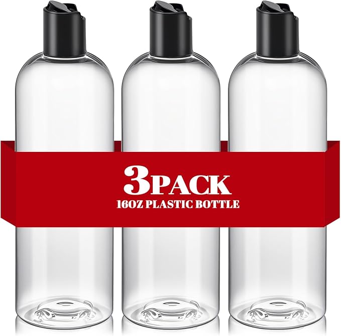 3Pcs 16 oz Clear Plastic Refillable Travel Bottles with Black Disc Top Caps | Squeeze Empty Shampoo Bottles, For Shampoo and Conditioner, For Lotions, Body Soap Cream, Cosmetic Containers by DPLASKA