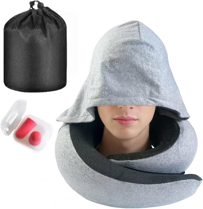 Travel Neck Pillow with Extra Large Hood Rollable Airplane Hooded Neck Pillow with Memory Foam Filling and Removable, Skin-Friendly Cover with a Carrying Pouch (Cationic) by ILYISFMTY