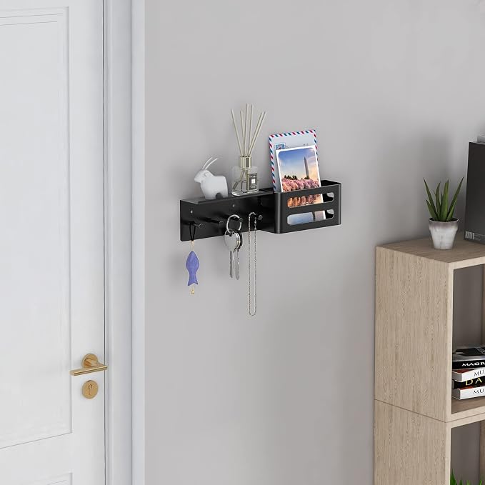 MKO Key Holder Wall Mount, Adhesive Key Hanger with 4 Hooks for Wall, Black | Metal Material, Key Rack with Shelf, Wall Mount, Mail Organizer Tray, Suitable for Entryway, Hallway, Living Room - Image 7