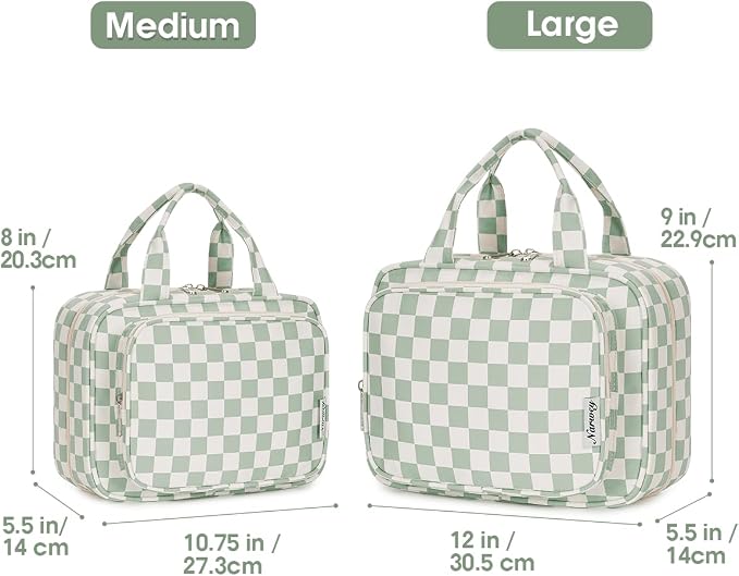 Narwey Travel Toiletry Bag for Women Large Capacity, Hanging Makeup Bag Organizer Toiletries Bag for Full Size Essentials, Accessories, Brushes, Cosmetics (Mint Green Checkerboard (Large)) - Image 2