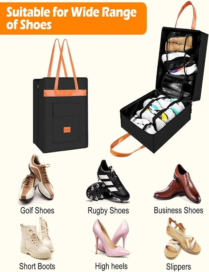 Yotako Shoe Bag for Travel with Leathers Handle Black | Shoe Organizer with Pockets,3 in 1 Hanging Luggage Shoe Storage Bag,Travel Shoe Bag for Women Men Fit 6 PCS Shoes - Image 5