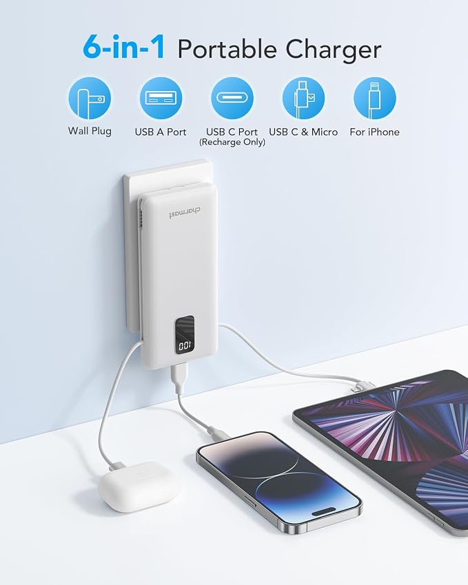 charmast Portable Charger Power Bank 10000mAh with Built-in AC Wall Plug | Built-in Cables,5 Outputs,Flight-Safe,Slim Travel Phone Charger for iPhone 17 14,Samsung Galaxy,iPad,Android,Smartwatch,etc - Image 2