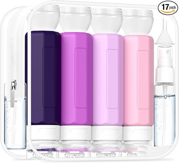 Redfly 17 Pack Travel Bottles for Toiletries, Tsa Approved 3oz Travel Size Containers, Leak Proof Travel Size Toiletries Bottles Silicone, BPA Free Refillable Shampoo Conditioners Kit, Purple by Redfly
