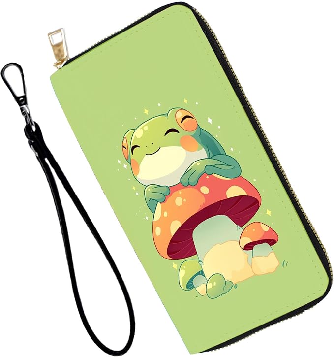 Women's RFID Blocking PU Leather Zip-Around Wallet, Large Capacity Clutch with Phone Holder, Travel Purse & Card Organizer with Removable Wristlet,Cartoon Mushroom Frog by Unknown