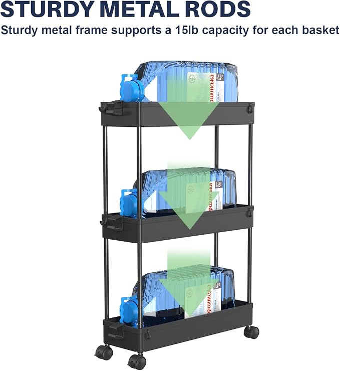 3 Tier Rolling Cart with Wheels, Storage Craft Art Trolley Organizer Serving, 3 Hanging Baskets Easy Assembly, for Office, Bathroom，Living Room, Kitchen, Black - Image 4