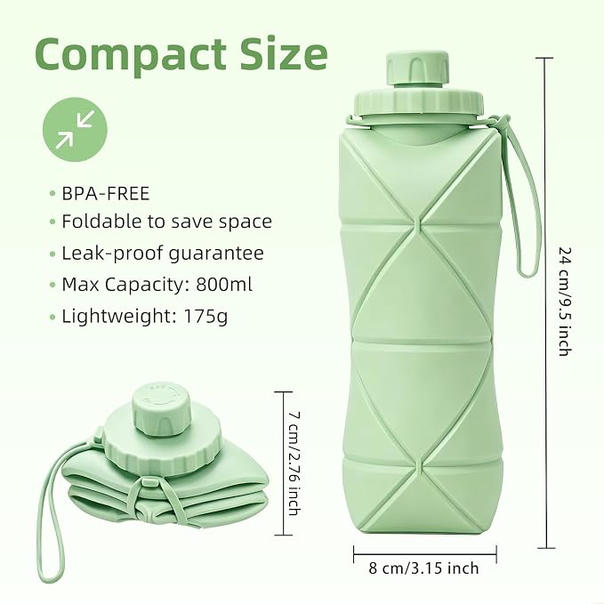 Collapsible Travel Water Bottle 28oz (800ml), BPA-Free, Foldable Silicone Lightweight Reusable Water Bottle with Leak-Proof Lid & Lanyard, Portable for Travel Cycling Gym Camping - Image 2