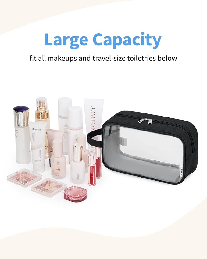 Narwey Clear Travel Toiletry Bags for Traveling Toiletries Men Women, Clear Makeup Bag Cosmetic Bag with Zipper, Make Up Pouch Organizer Bag with Handle, Skincare Beach Snack Medicine Bag, Black - Image 3