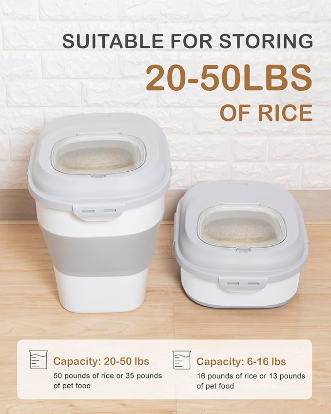 20-50 Lbs Airtight Food Storage Container Wheels,Collapsible Rice Container | Flour Storage Container with Double Airtight Seal,Rice Storage Container with Magnetic Lid,Keep Fresh for Pet Food,Rice,Flour - Image 2