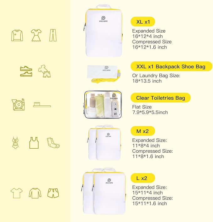 PFEYRPK Lightweight Compression Packing Cubes for Suitcases, Compressible Expandable Travel Packing Organizer with Clear Toiletries and Backpack Bag, Travel Essentials for Carry on Luggage 7 Set - Image 6