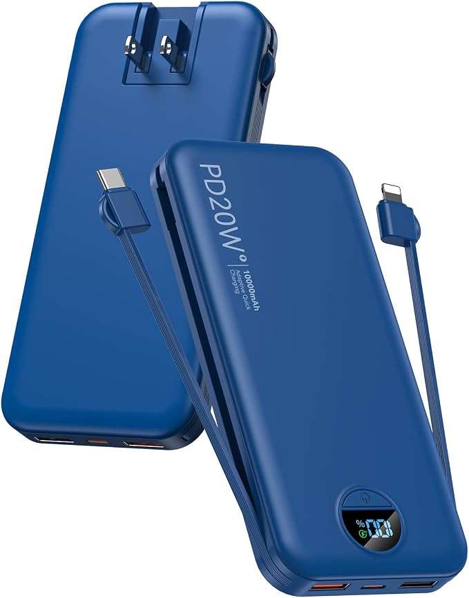 citicr Portable Charger 10000mAh PD20W w/Built-in Cables & Wall Plug Navy | Fast charging, Built-in wall plug, LED display, Charge 5 devices at once, Pass through charging, TSA approved, Pocket size by CITICR