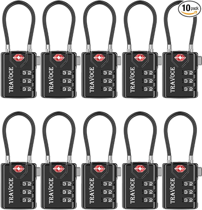 TSA Approved Luggage Locks, Combination Cable Locks, 10 Pack, Black | Search Alert shows TSA key access; resettable 3-digit code and flexible braided steel cable for suitcases and backpacks. by TRAVOCE