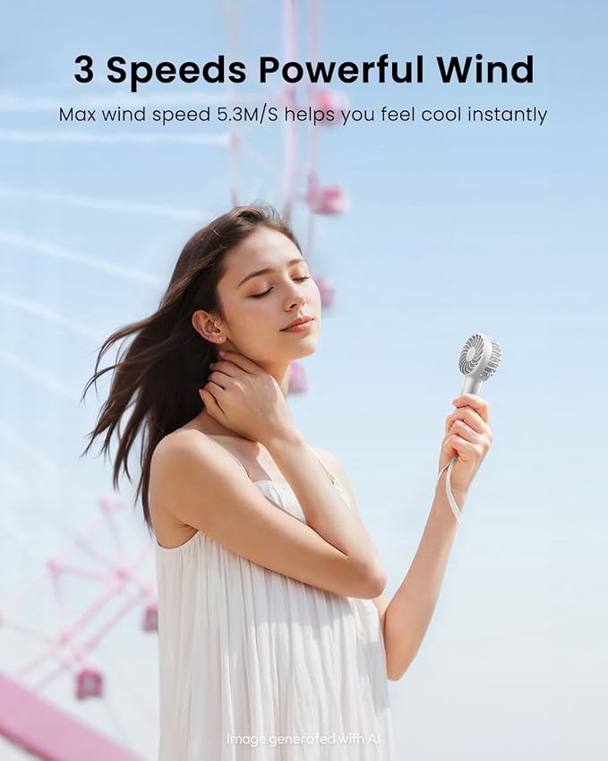 Gaiatop Mini Portable Handheld Fan, Travel Essentials for Women Girl White | 3 Speed Powerful, Battery Operated, Small USB Rechargeable, 3.3 oz Small Personal Fan for Makeup Eyelash Camping Beach Cruise - Image 2