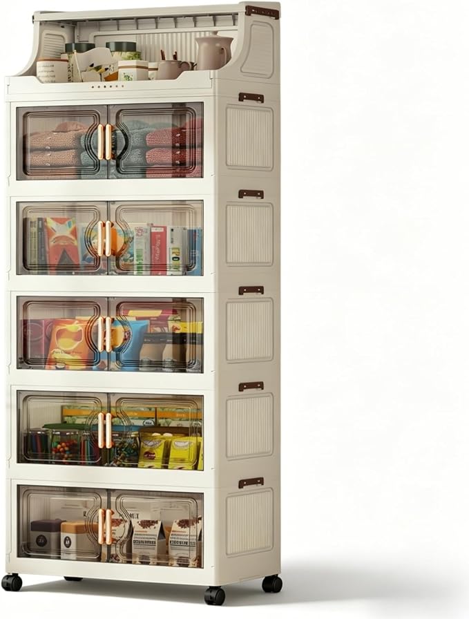 260QT Stackable Storage Bins with Lids & Rack, 6 Tier Large Capacity Foldable Storage Cabinet, Clear Collapsible Pantry Organizer for Home, Kitchen, Bathroom, Dorm, Office, Clear by FoldTrend