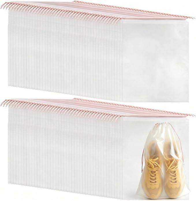 PLULON 100 Pcs Shoe Bags Waterproof Clear Drawstring Bags for Travel | 15.7" x 11.8" Transparent Storage Plastic Bag Shoes Organizer for Packing Dustproof Beach Vacation Cruise Travel Essentials by PLULON