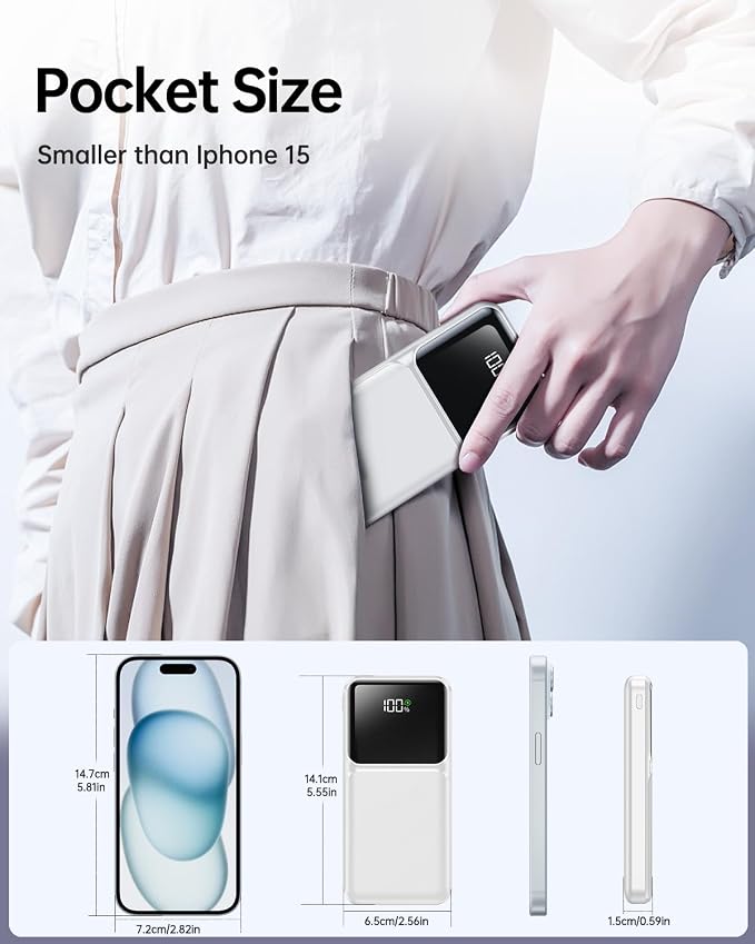 Portable Charger Power Bank with Built in Cable 20000mAh Fast Charging | Power Bank USB C Slim 22.5W LED Display Battery Pack 5 Outputs & 3 Inputs for Travel Essentials iPhone Samsung Phones White - Image 5