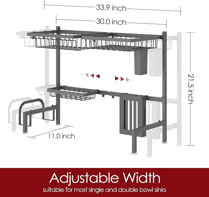 Sakugi Over The Sink Dish Drying Rack - Adjustable 2 Tier Large Capacity Stainless Steel Drainer with Cutlery & Utensil Holders, Kitchen Storage & Organization, 30"-33.9" L x 11" W x 21.5" H, Gray - Image 3