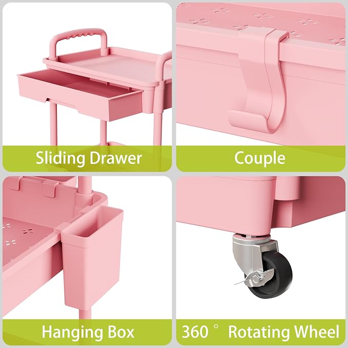 Sorgion 3 Tier Rolling Cart Organizer,Laundry Room Bathroom Organizers and Storage Office Shelves Mobile Shelving Unit Kitchen Trolley Cart with Wheels for Art,Craft,Diaper,Bedside,Snack(Pink) - Image 4